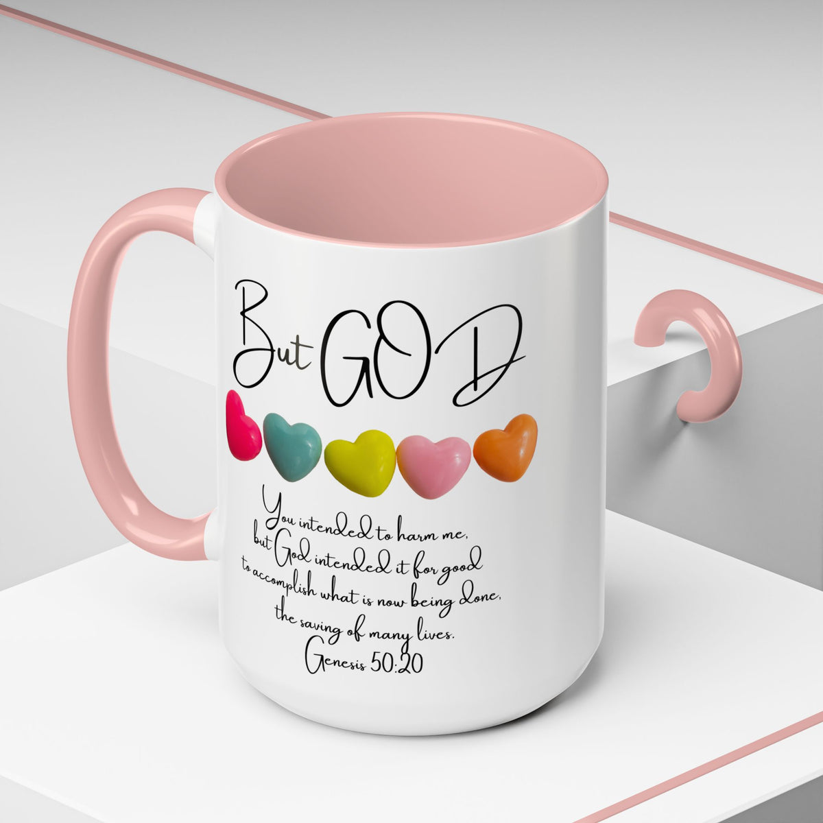 But God Scripture Coffee Mug — Genesis 50:20 Inspirational Heart Accent Mug (11/15oz)