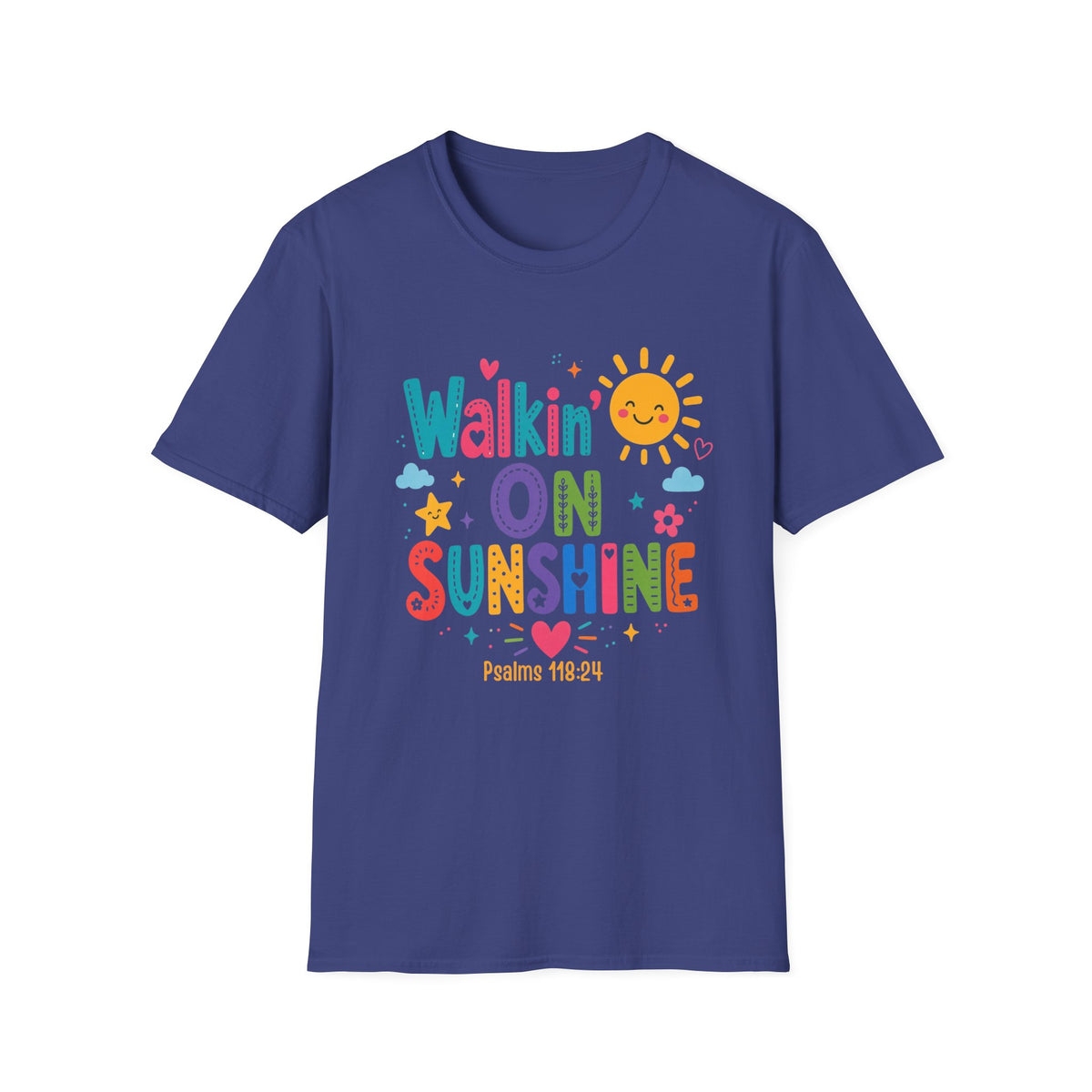 T-Shirt — "Walkin' on Sunshine" Bright Retro Sun Graphic Tee ‭‭Psalms‬ ‭118‬:‭24‬ ‭
