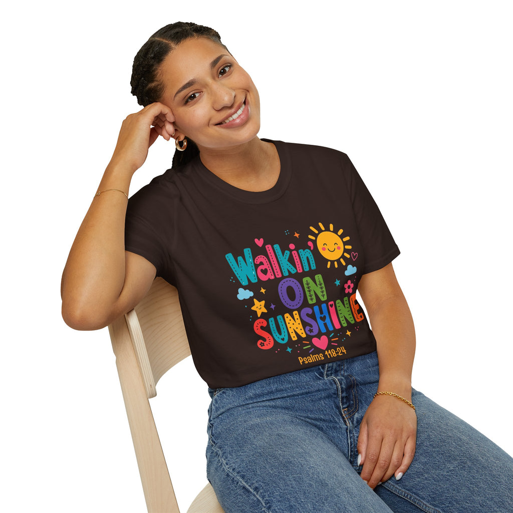 T-Shirt — "Walkin' on Sunshine" Bright Retro Sun Graphic Tee ‭‭Psalms‬ ‭118‬:‭24‬ ‭