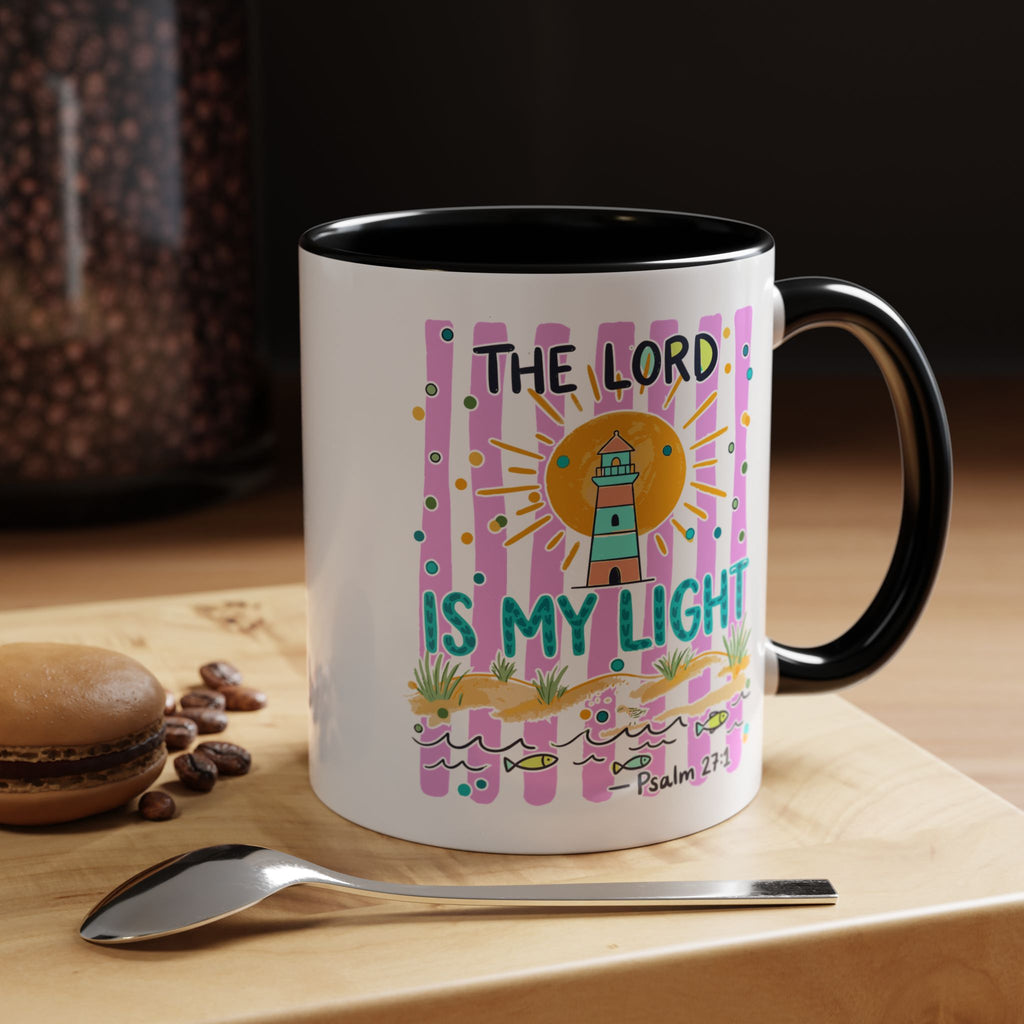Christian Coffee Mug - "The Lord Is My Light" Lighthouse Psalm 27:1 Accent Mug