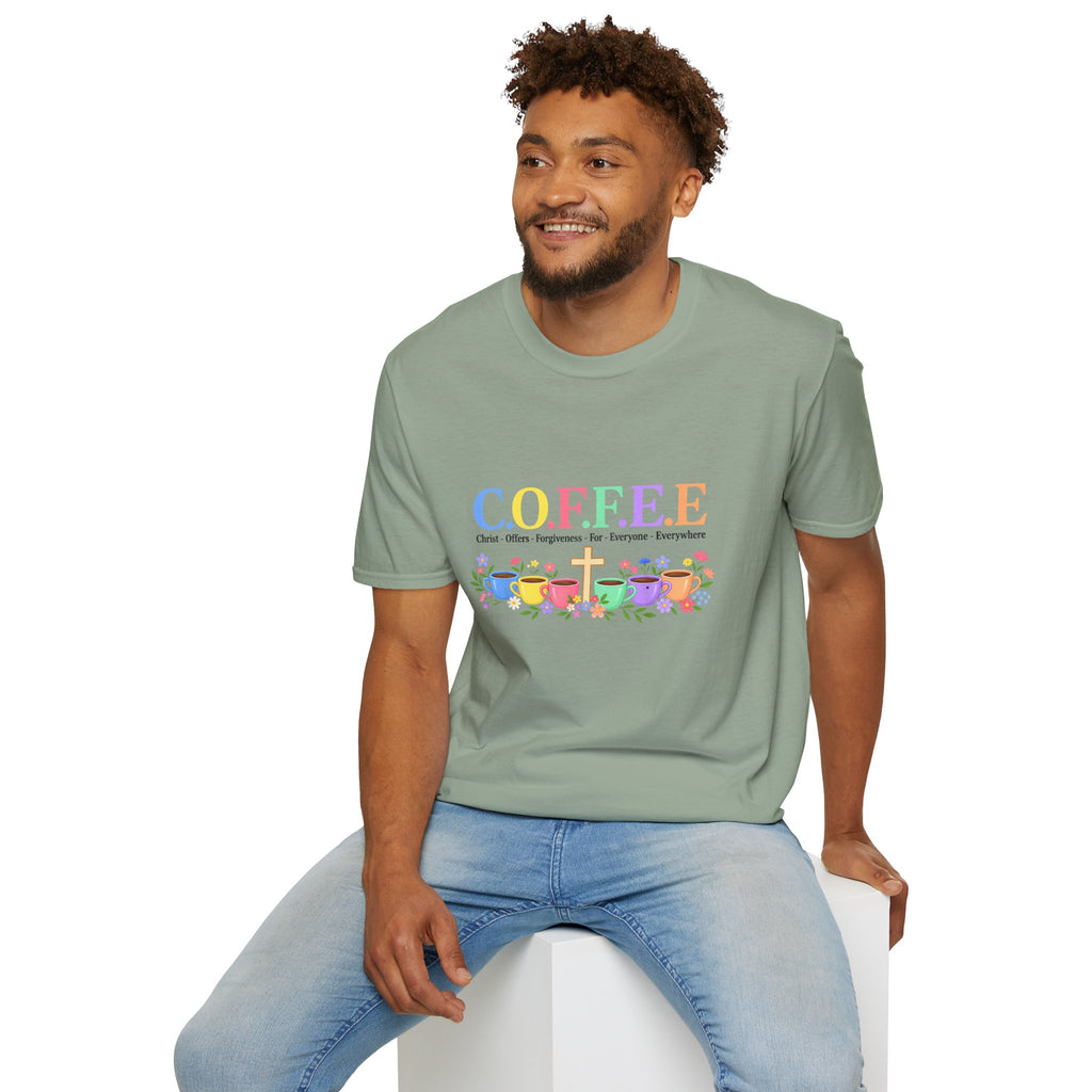 Coffee Lover Floral Graphic - C.o.f.f.e.e. (Christ - Offers - Forgiveness - For Everyone - Everywhere)  Softstyle T-Shirt
