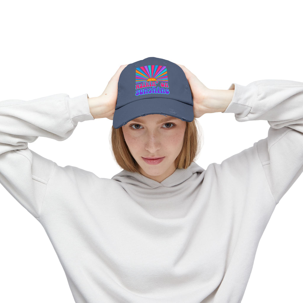 Walking On Sunshine Distressed Cap — Lords Glory with Lori Retro Rainbow Sun Trucker Hat