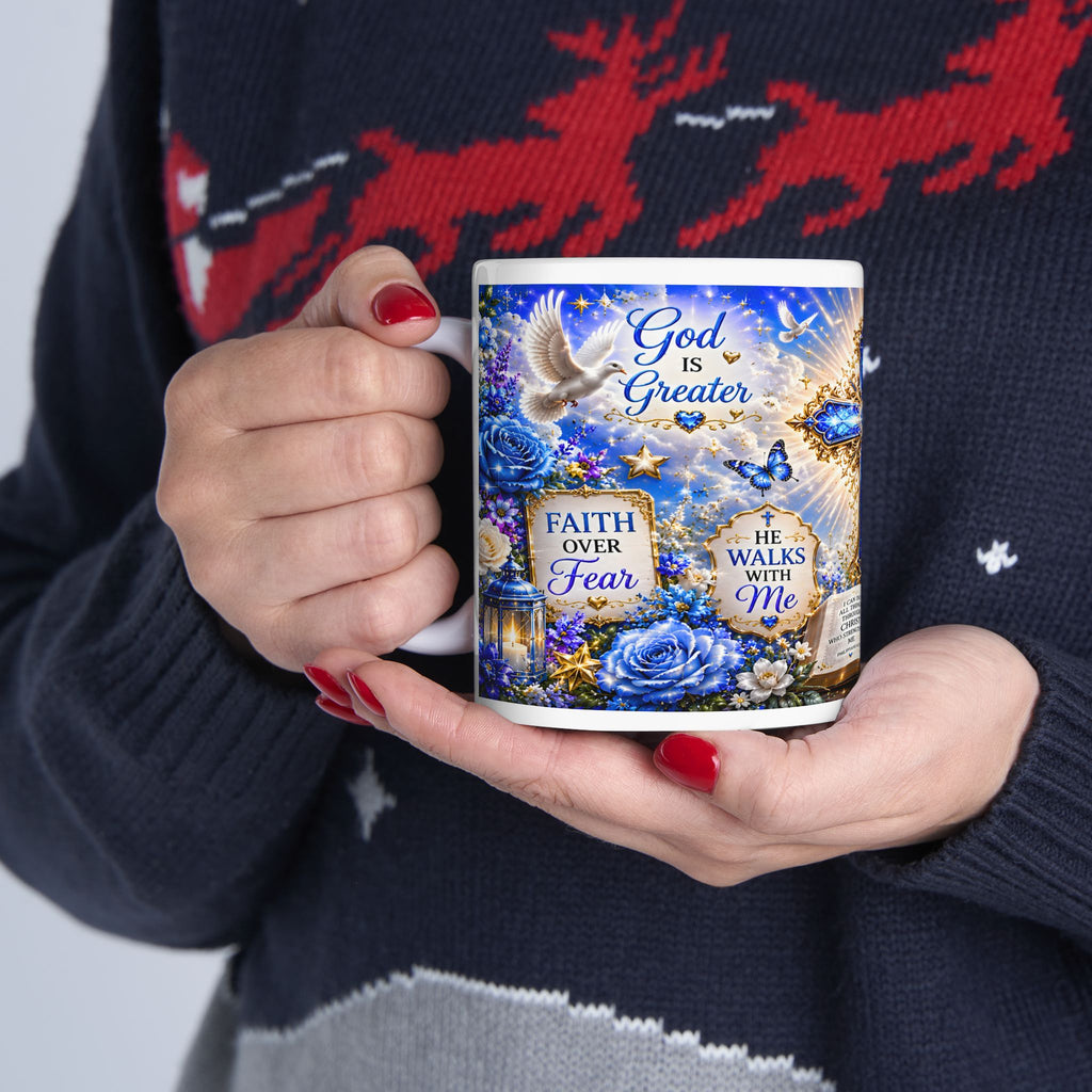 Blue Christian Cross Ceramic Mug with Bible and Floral Design