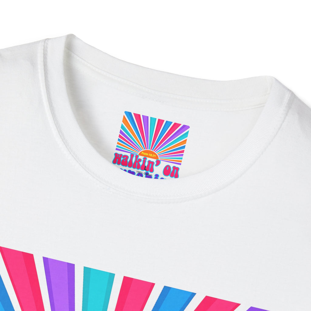 Walkin' On Sunshine Lords Glory with Lori Psalm 118:24 Retro T-Shirt — 70s Rainbow Sun Graphic Tee