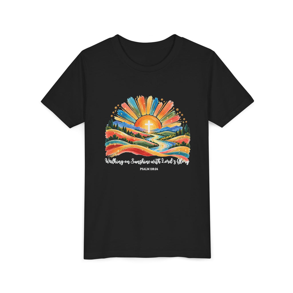 Youth Short Sleeve Tee – Walking On Sunshine with Lords Colorful Christian Sunrise Faith Shirt