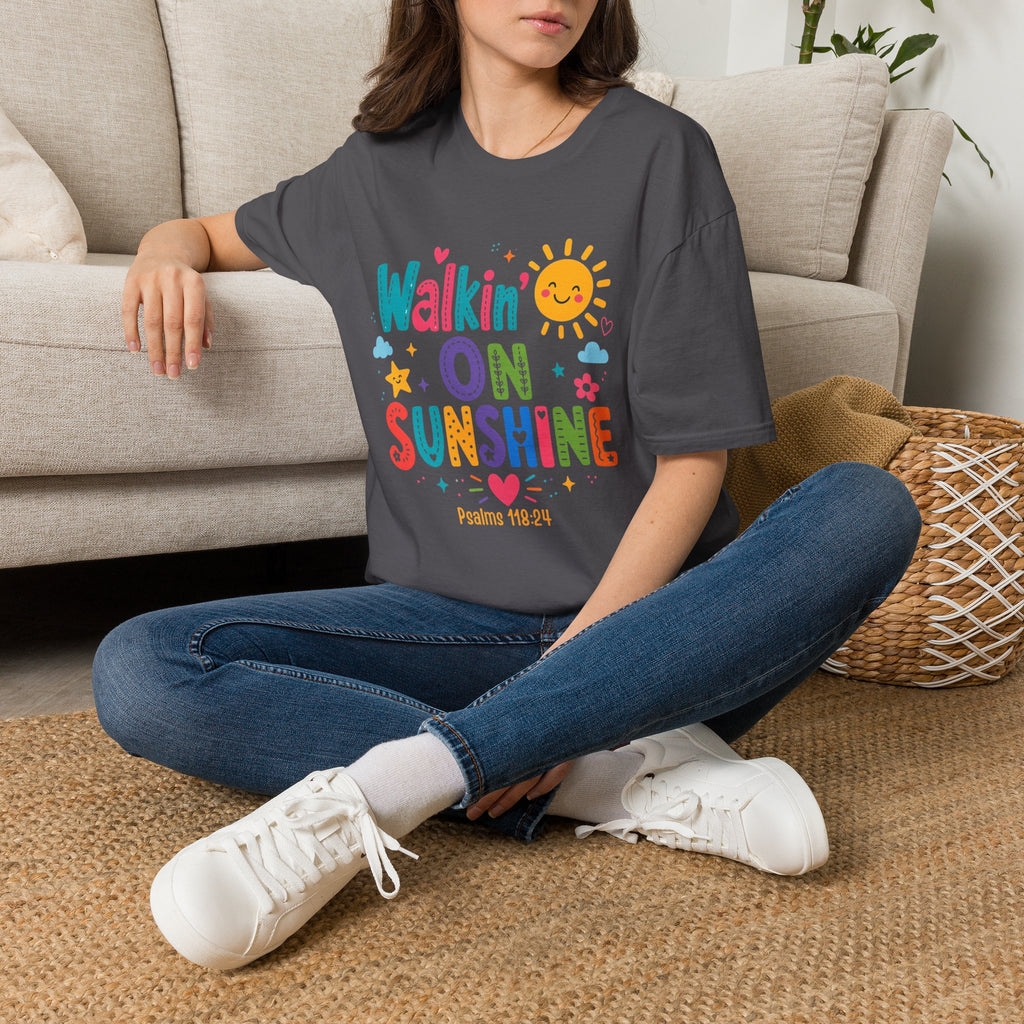 T-Shirt — "Walkin' on Sunshine" Bright Retro Sun Graphic Tee ‭‭Psalms‬ ‭118‬:‭24‬ ‭