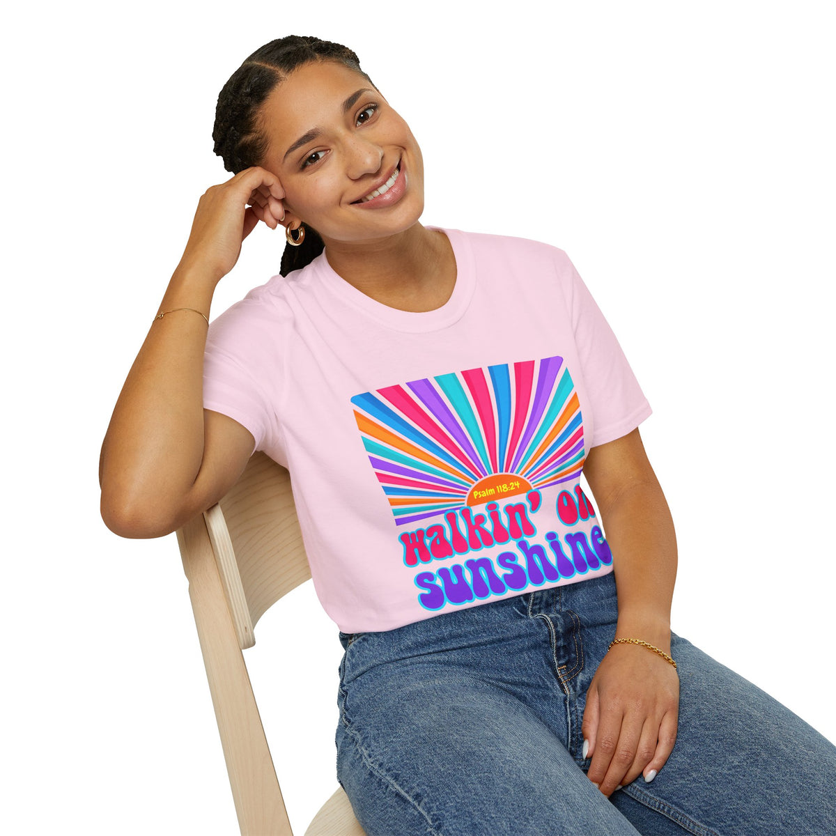Walkin' On Sunshine Lords Glory with Lori Psalm 118:24 Retro T-Shirt — 70s Rainbow Sun Graphic Tee