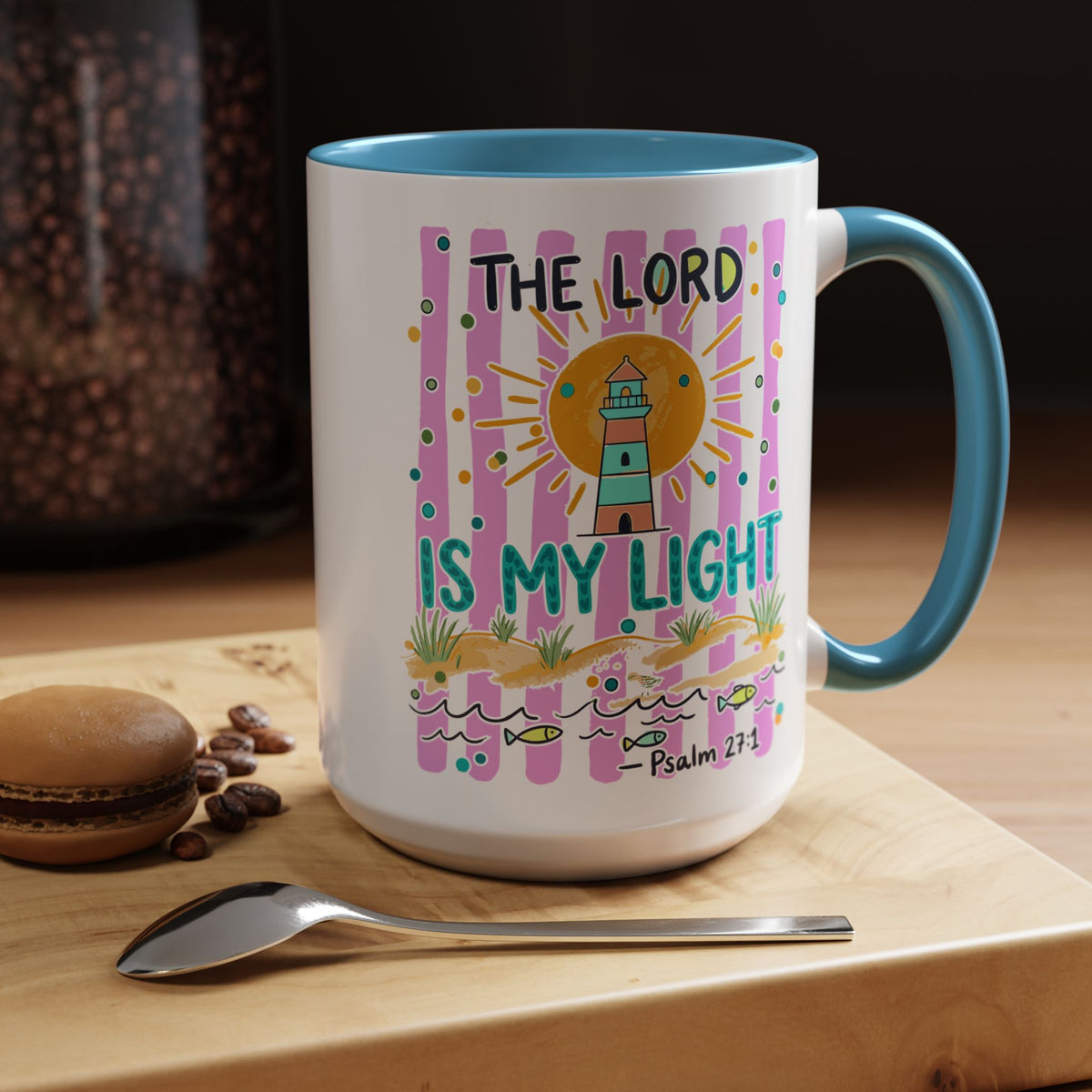 Christian Coffee Mug - "The Lord Is My Light" Lighthouse Psalm 27:1 Accent Mug