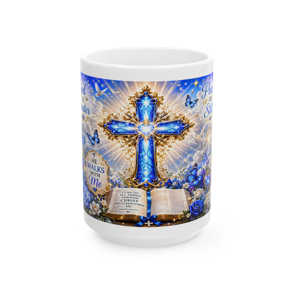 Blue Christian Cross Ceramic Mug with Bible and Floral Design