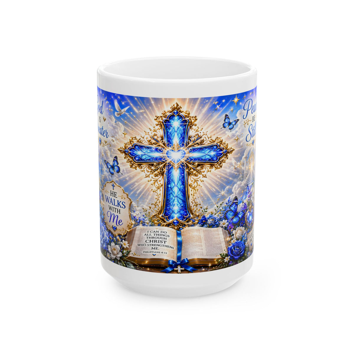 Blue Christian Cross Ceramic Mug with Bible and Floral Design