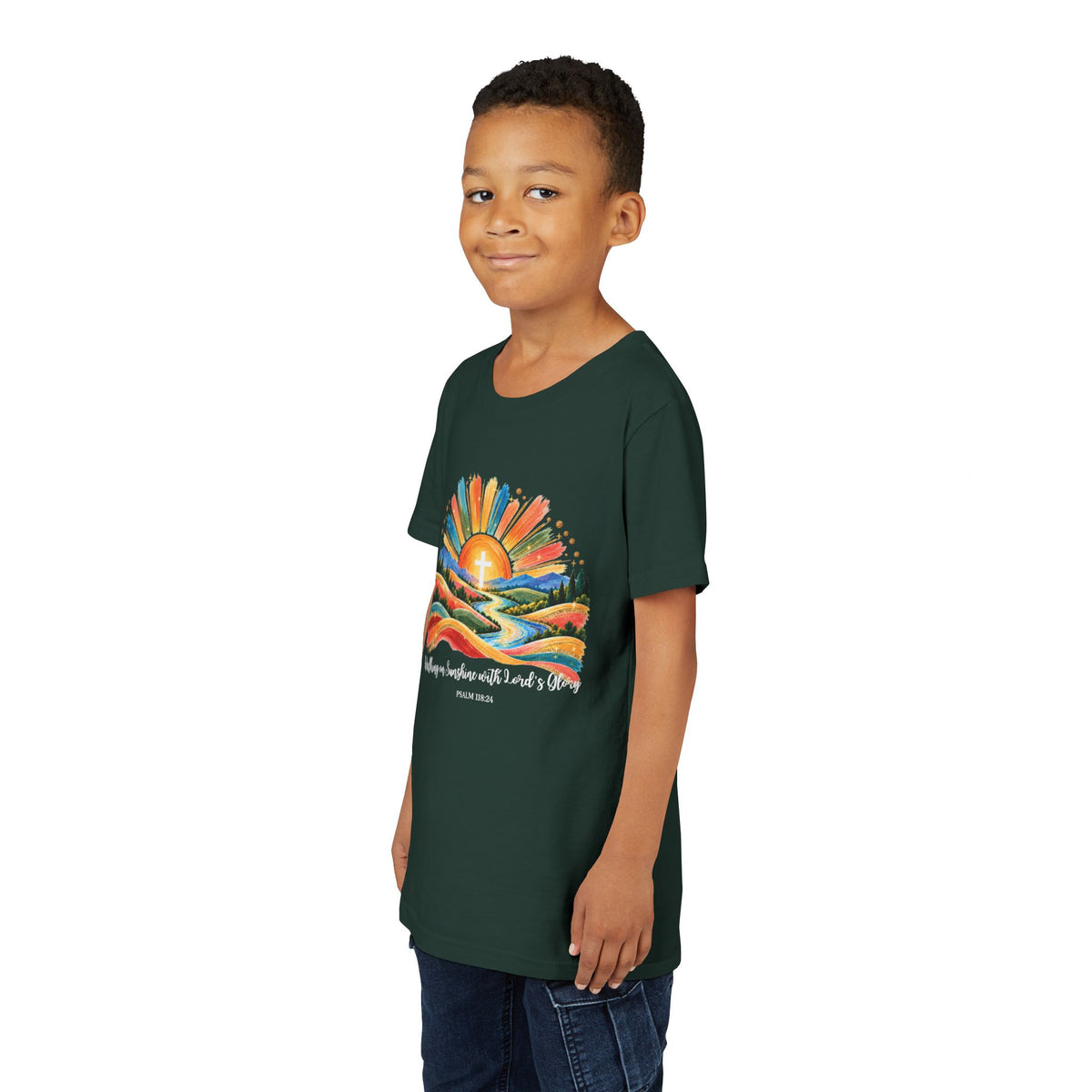 Youth Short Sleeve Tee – Walking On Sunshine with Lords Colorful Christian Sunrise Faith Shirt