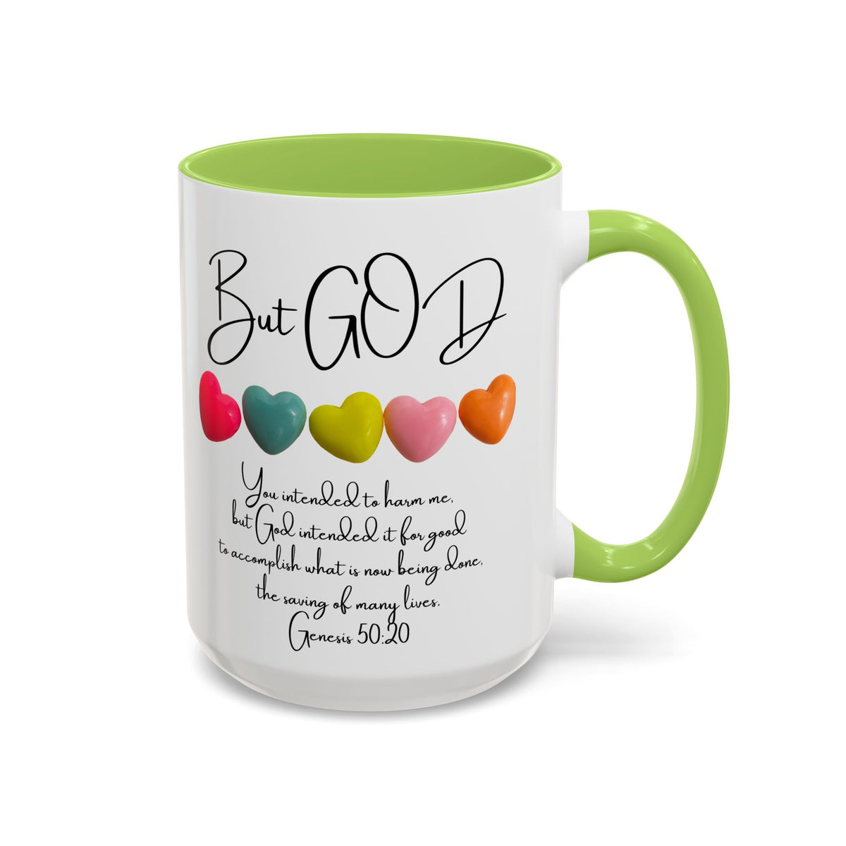 But God Scripture Coffee Mug — Genesis 50:20 Inspirational Heart Accent Mug (11/15oz)