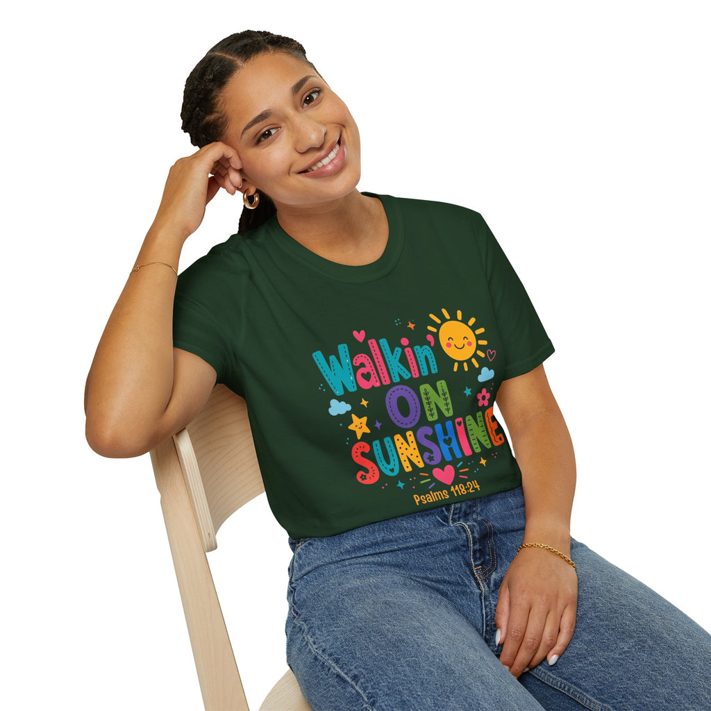 T-Shirt — "Walkin' on Sunshine" Bright Retro Sun Graphic Tee ‭‭Psalms‬ ‭118‬:‭24‬ ‭