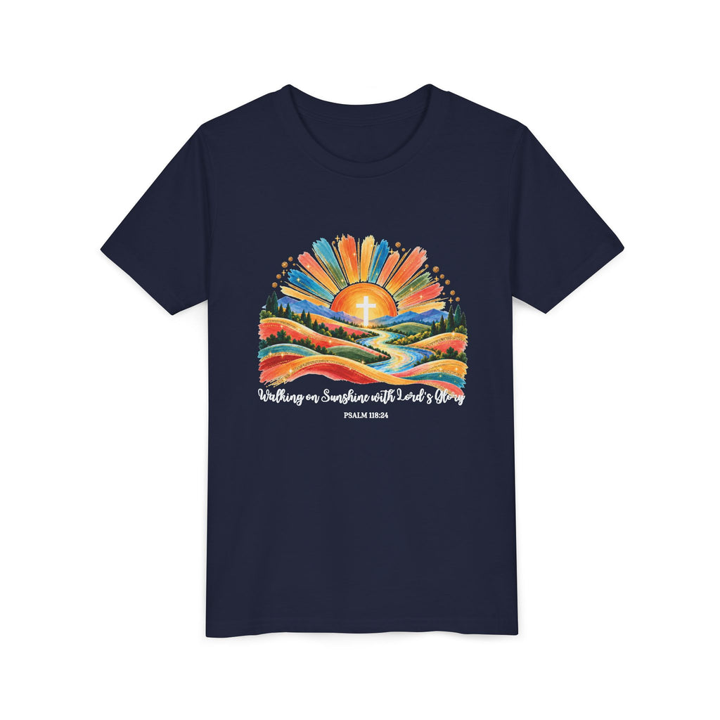 Youth Short Sleeve Tee – Walking On Sunshine with Lords Colorful Christian Sunrise Faith Shirt