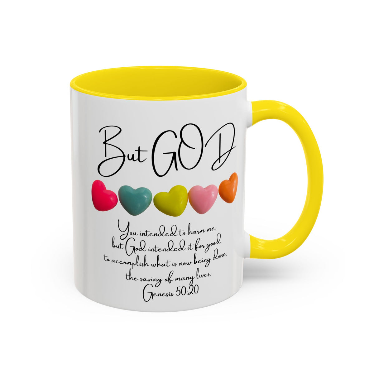 But God Scripture Coffee Mug — Genesis 50:20 Inspirational Heart Accent Mug (11/15oz)