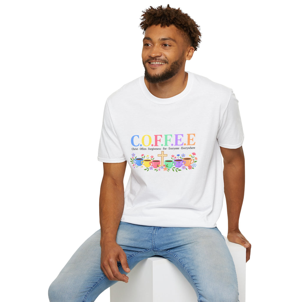 Coffee Lover Floral Graphic - C.o.f.f.e.e. (Christ - Offers - Forgiveness - For Everyone - Everywhere)  Softstyle T-Shirt