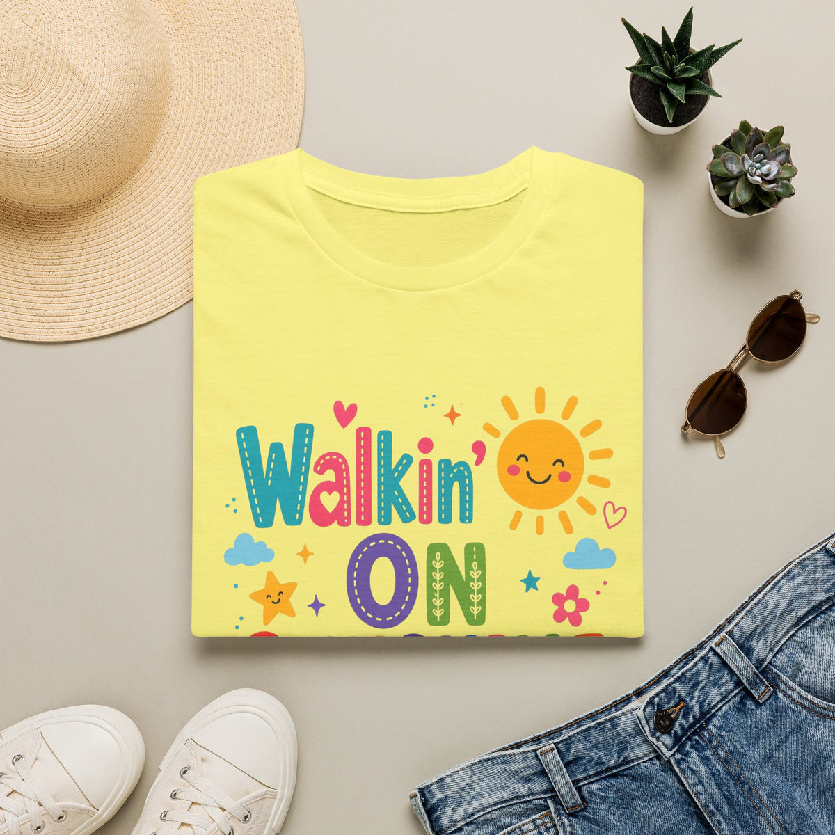 T-Shirt — "Walkin' on Sunshine" Bright Retro Sun Graphic Tee ‭‭Psalms‬ ‭118‬:‭24‬ ‭