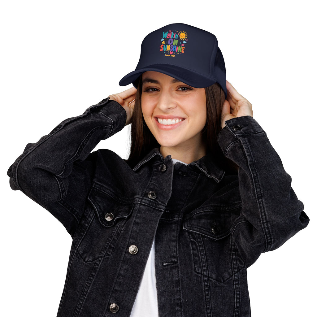 Walkin' on Sunshine Foam Trucker Hat — Retro Colorful Sunshine Design Psalm 118:24
