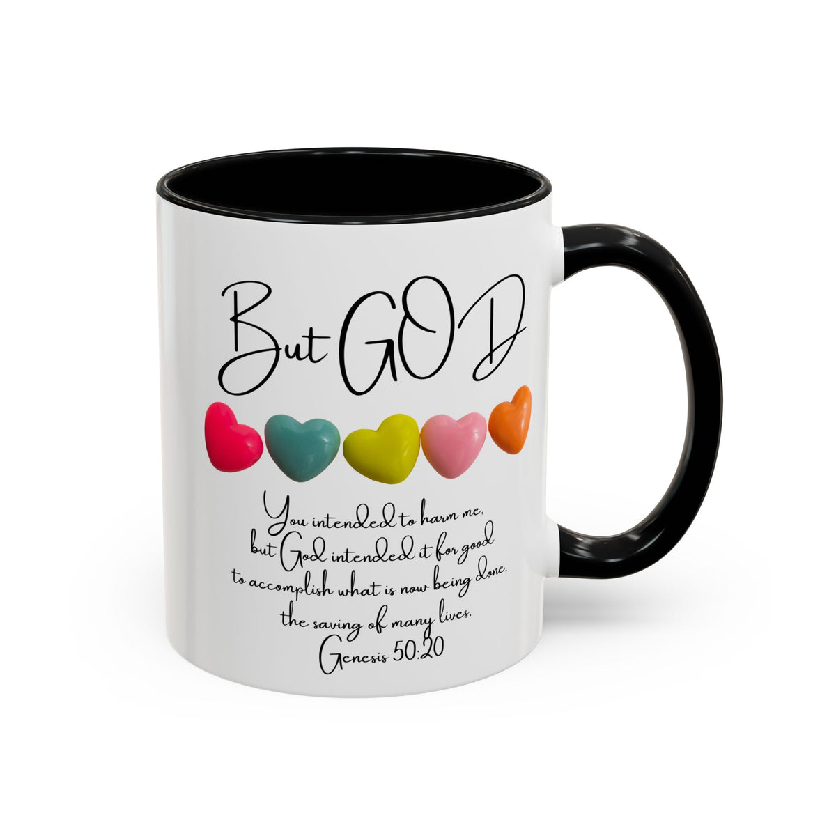 But God Scripture Coffee Mug — Genesis 50:20 Inspirational Heart Accent Mug (11/15oz)