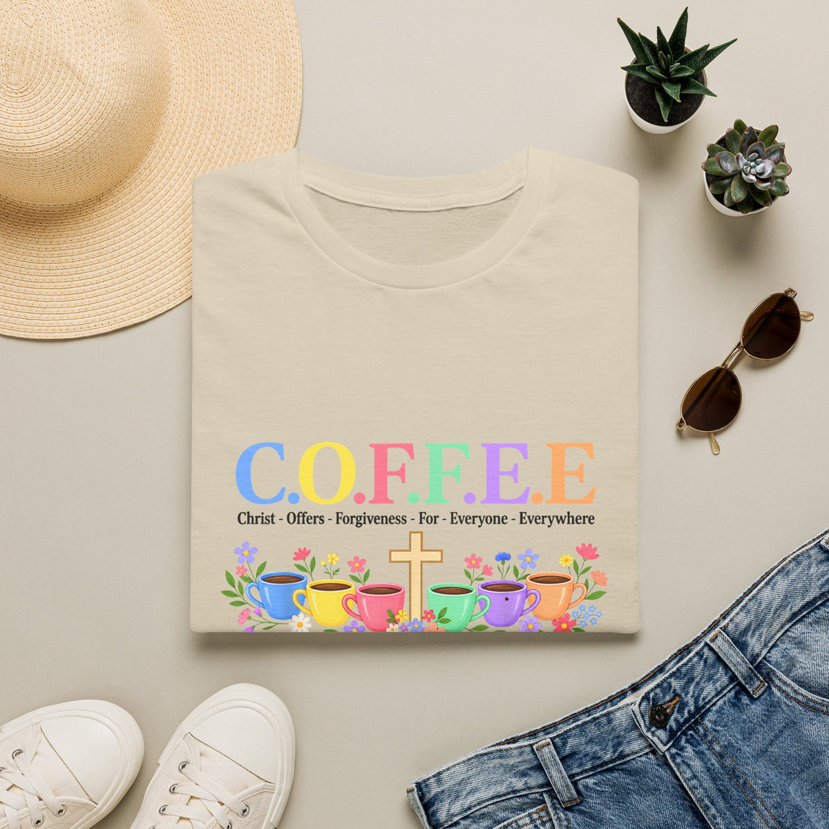 Coffee Lover Floral Graphic - C.o.f.f.e.e. (Christ - Offers - Forgiveness - For Everyone - Everywhere)  Softstyle T-Shirt