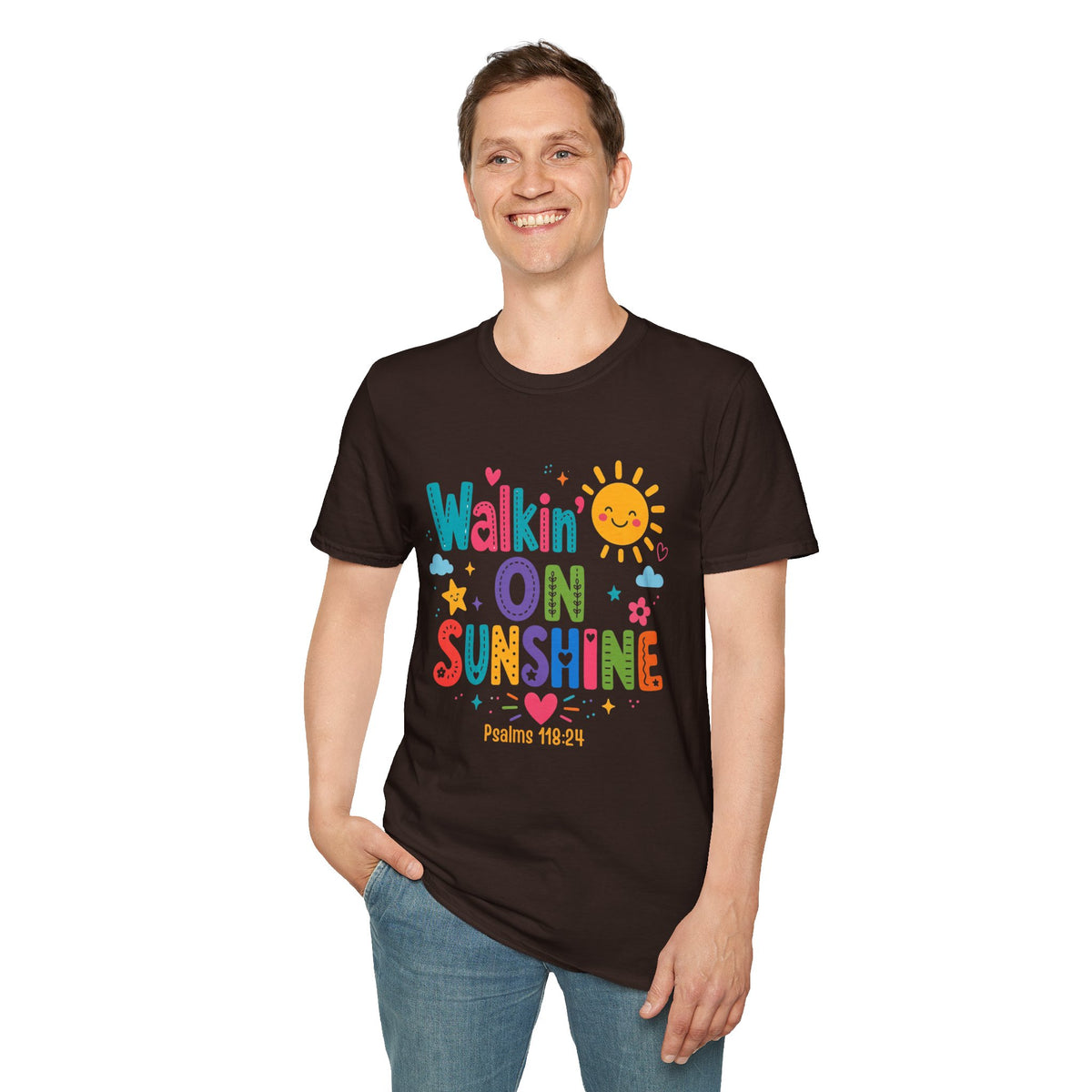 T-Shirt — "Walkin' on Sunshine" Bright Retro Sun Graphic Tee ‭‭Psalms‬ ‭118‬:‭24‬ ‭