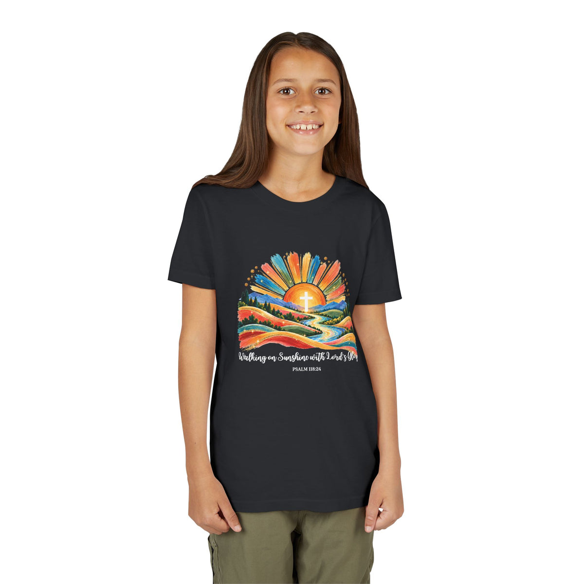Youth Short Sleeve Tee – Walking On Sunshine with Lords Colorful Christian Sunrise Faith Shirt