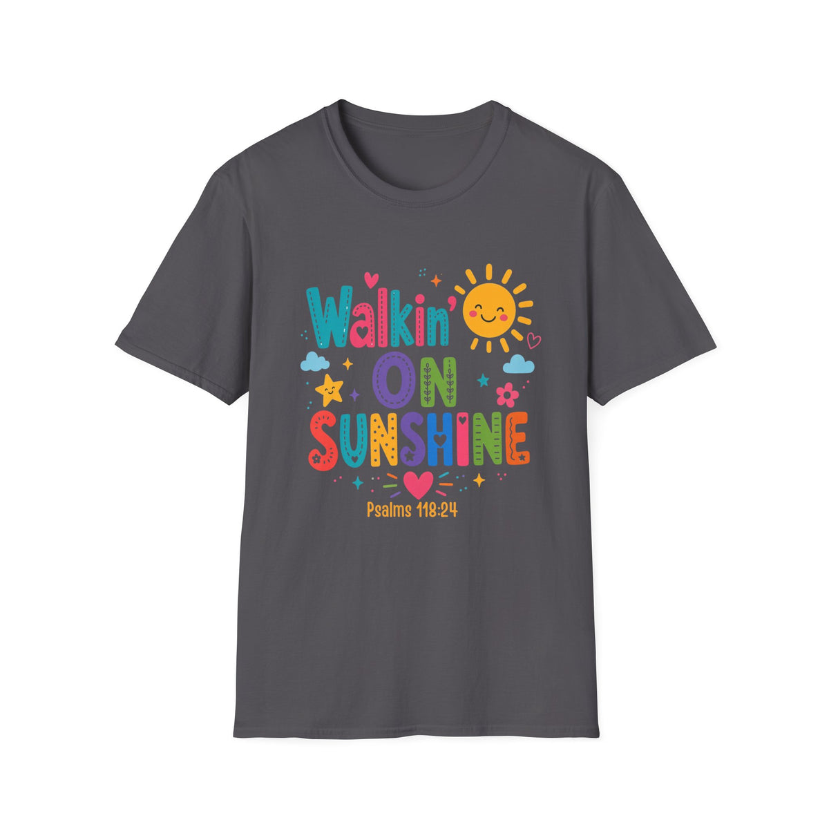 T-Shirt — "Walkin' on Sunshine" Bright Retro Sun Graphic Tee ‭‭Psalms‬ ‭118‬:‭24‬ ‭