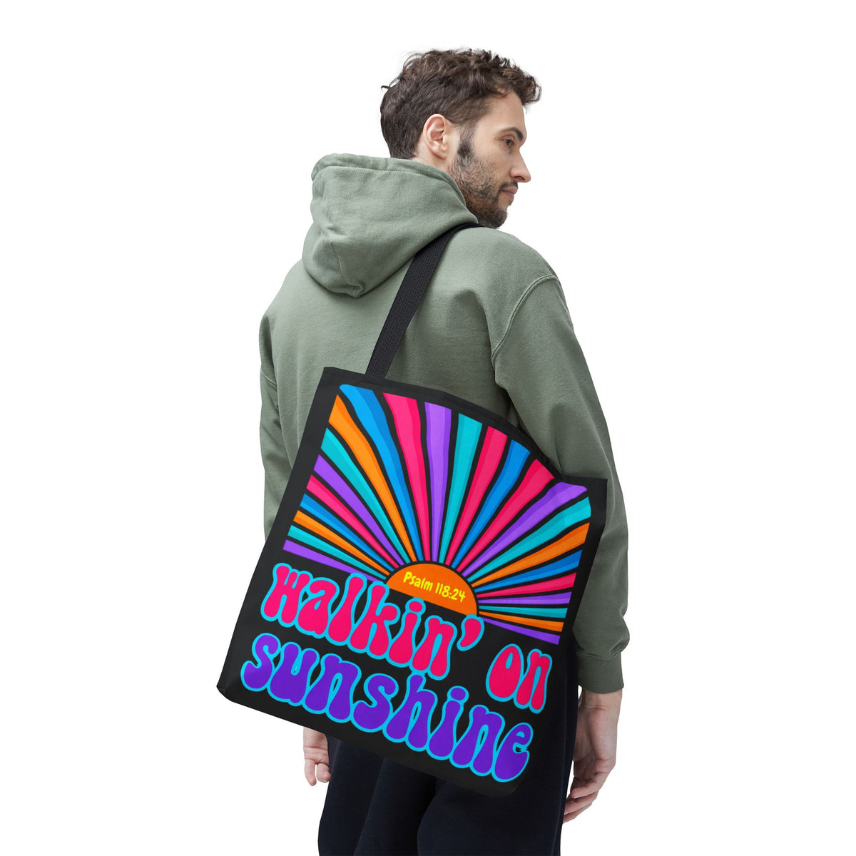 Lords Glory Sunrise Graphic Tote Bag — “Walkin' on Sunshine” Retro Psalm 118:24 Cotton AOP