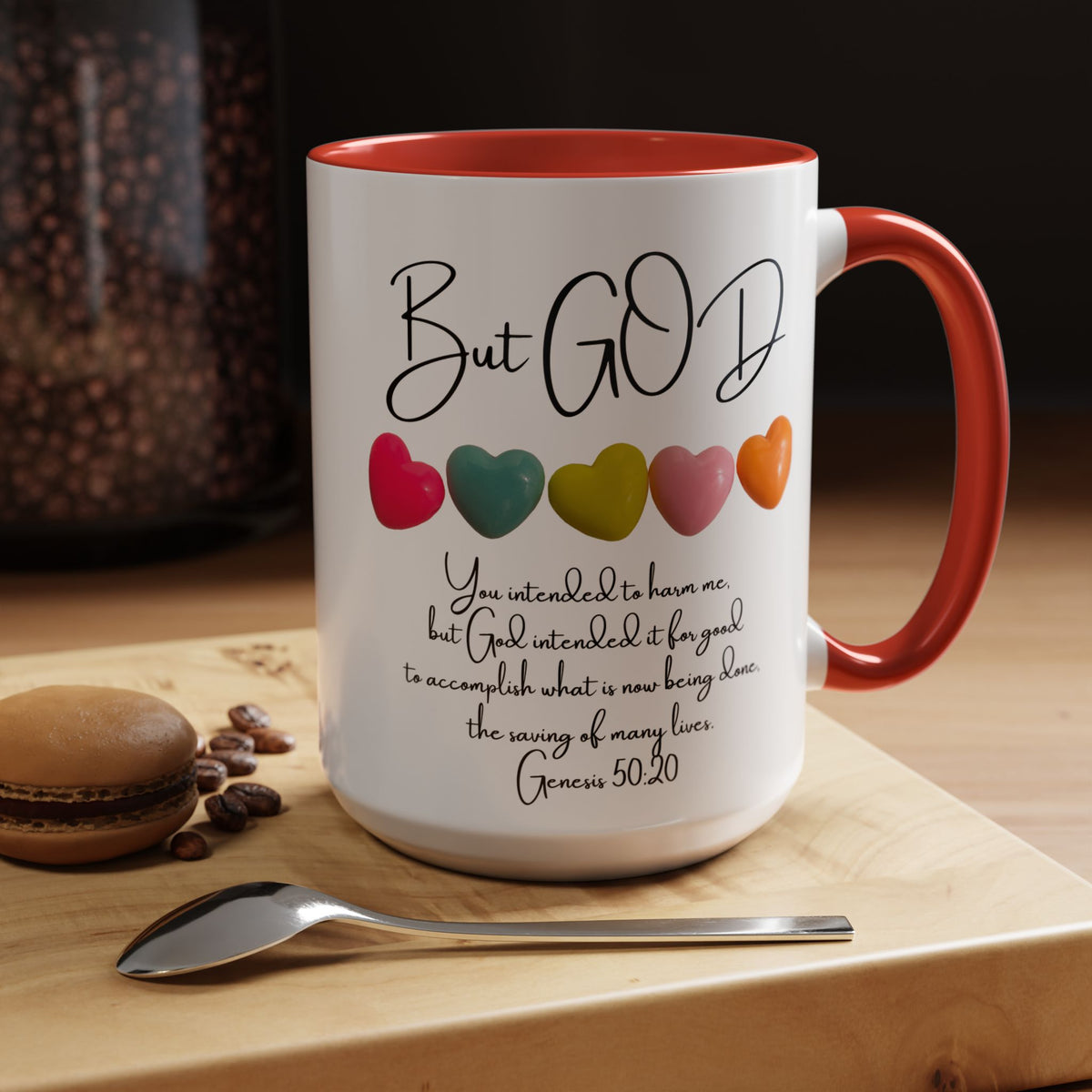 But God Scripture Coffee Mug — Genesis 50:20 Inspirational Heart Accent Mug (11/15oz)