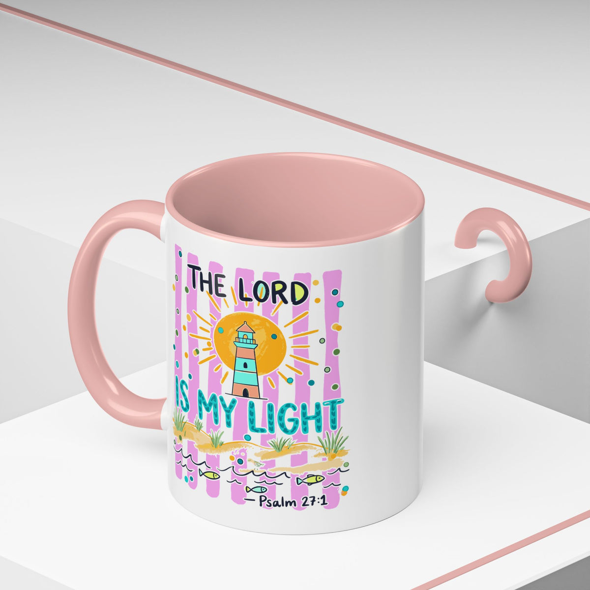 Christian Coffee Mug - "The Lord Is My Light" Lighthouse Psalm 27:1 Accent Mug