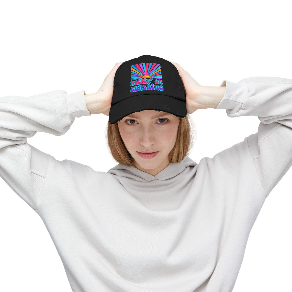 Walking On Sunshine Distressed Cap — Lords Glory with Lori Retro Rainbow Sun Trucker Hat