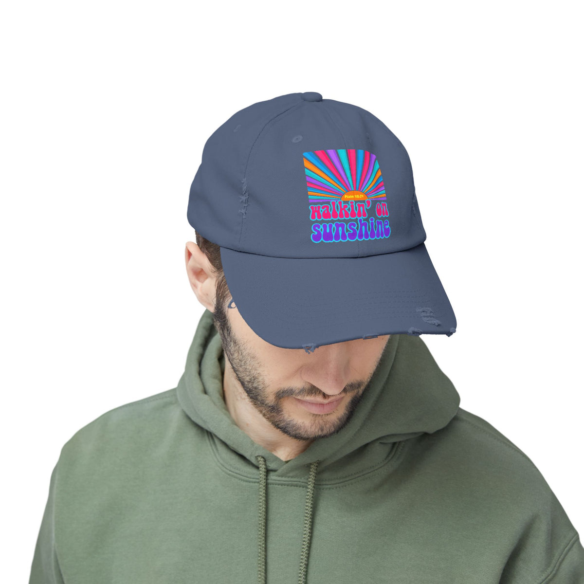 Walking On Sunshine Distressed Cap — Lords Glory with Lori Retro Rainbow Sun Trucker Hat