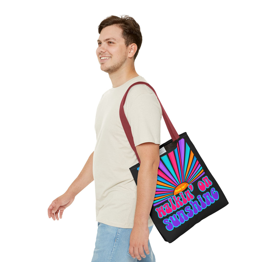 Lords Glory Sunrise Graphic Tote Bag — “Walkin' on Sunshine” Retro Psalm 118:24 Cotton AOP