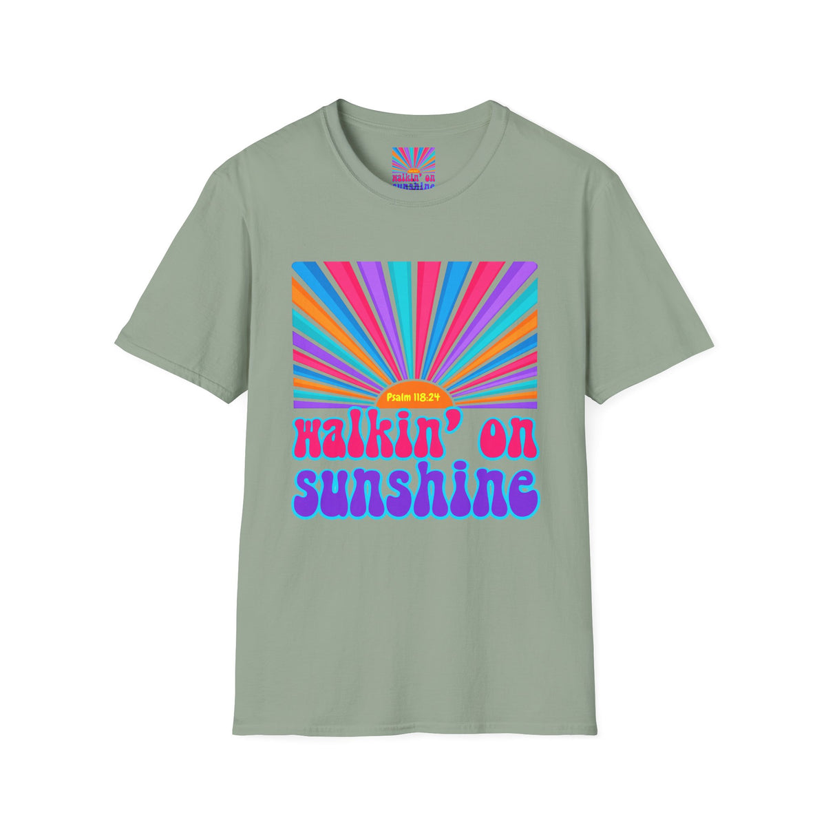 Walkin' On Sunshine Lords Glory with Lori Psalm 118:24 Retro T-Shirt — 70s Rainbow Sun Graphic Tee