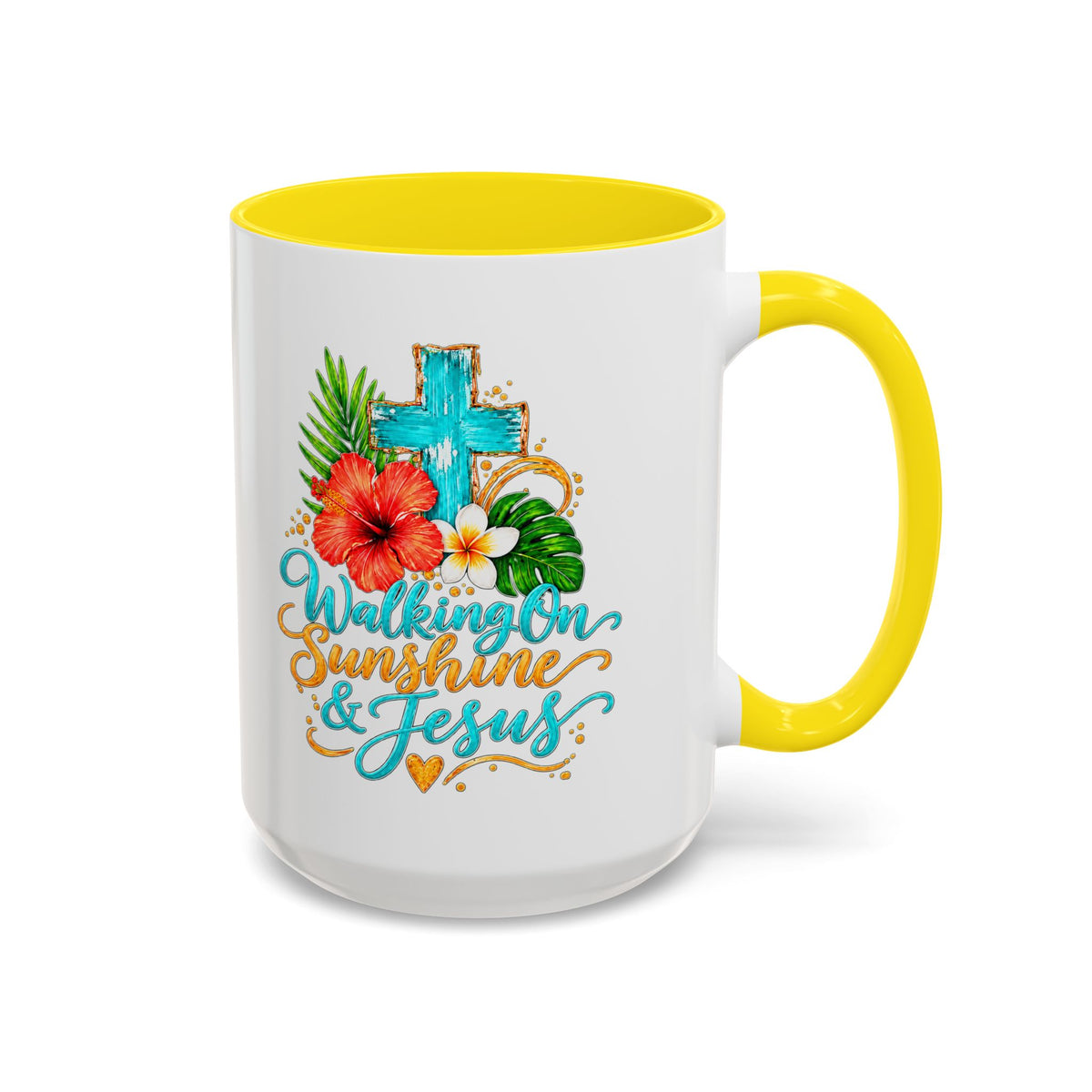 Walking on Sunshine & Jesus Coffee Mug – Floral Cross Accent Mug
