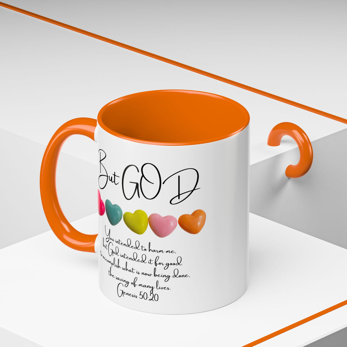 But God Scripture Coffee Mug — Genesis 50:20 Inspirational Heart Accent Mug (11/15oz)