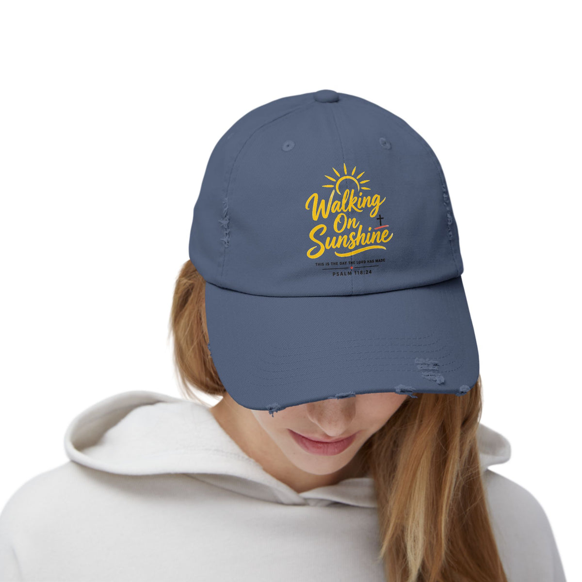 Walking on Sunshine Distressed Cap – Christian Sunshine Baseball Hat (Psalm 118:24)