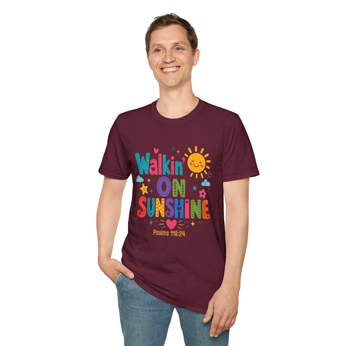 T-Shirt — "Walkin' on Sunshine" Bright Retro Sun Graphic Tee ‭‭Psalms‬ ‭118‬:‭24‬ ‭