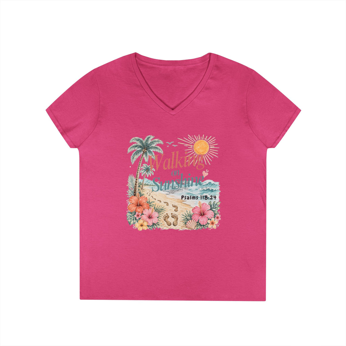 Walking on Sunshine V-Neck T-Shirt — Floral Beach Christian Psalm Tee