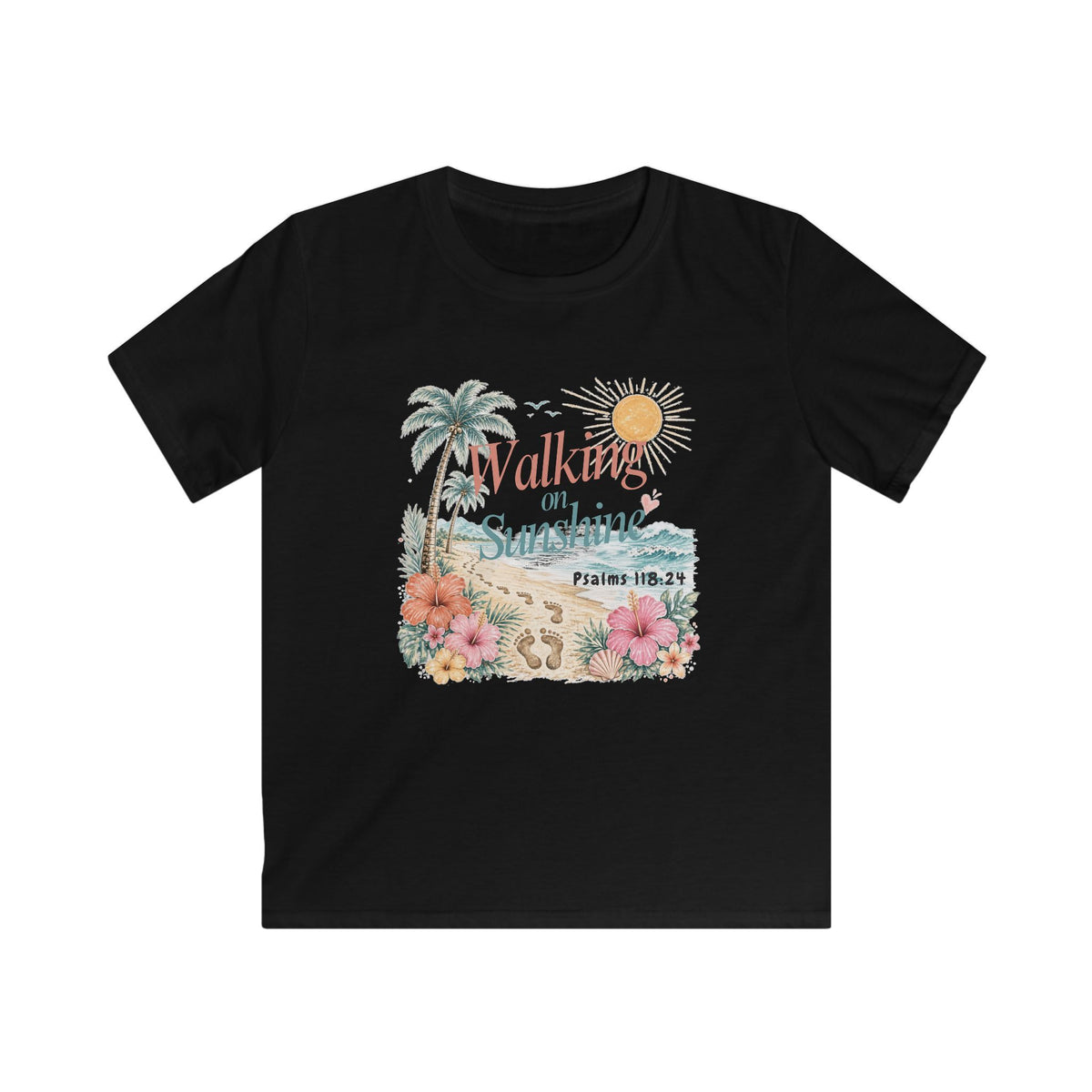 Kids Tee — "Walking in Sunshine" Floral Palm Beach Christian T‑Shirt (Psalm 118:24)