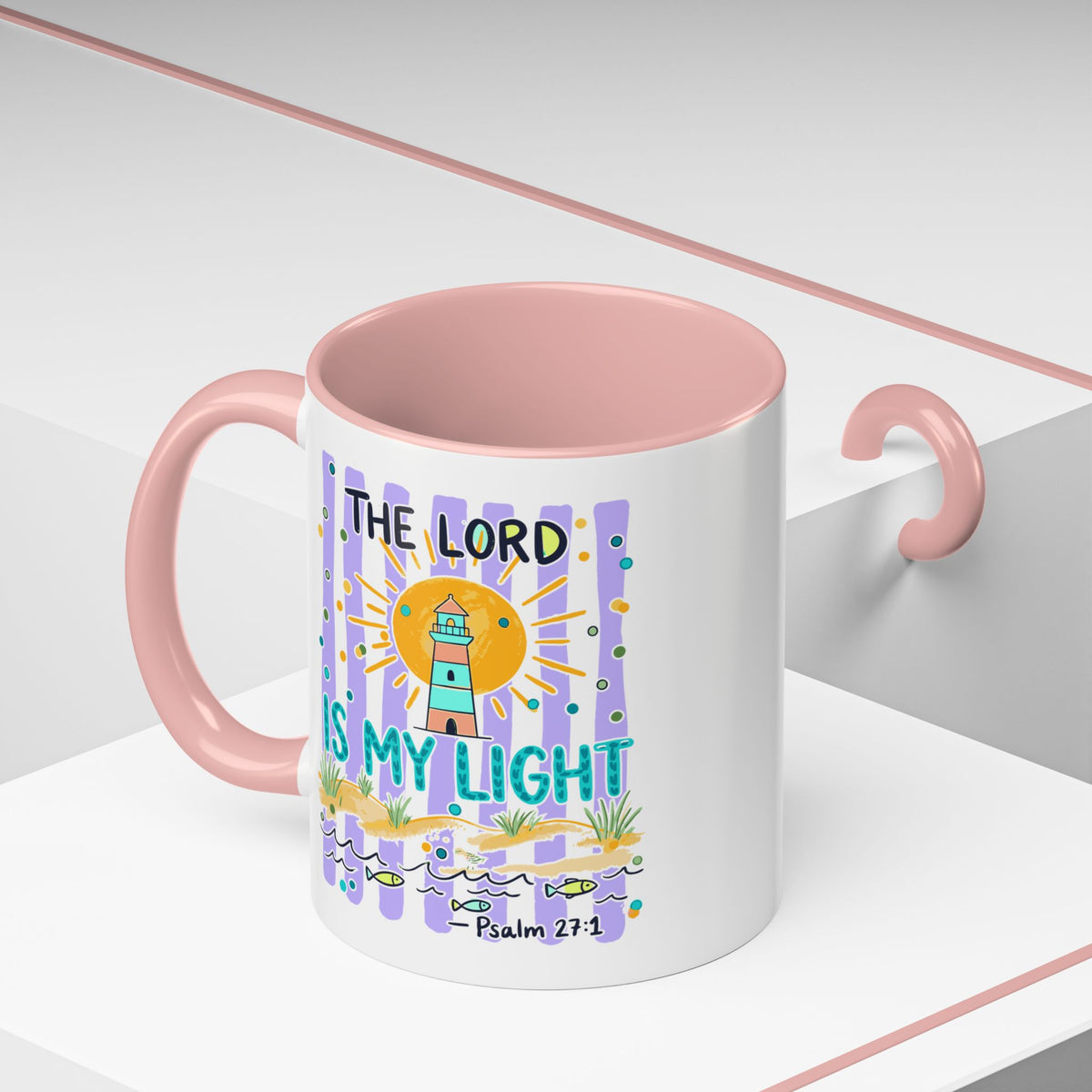 Accent Coffee Mug — “The Lord Is My Light” Lighthouse Bible Verse (Psalm 27:1)