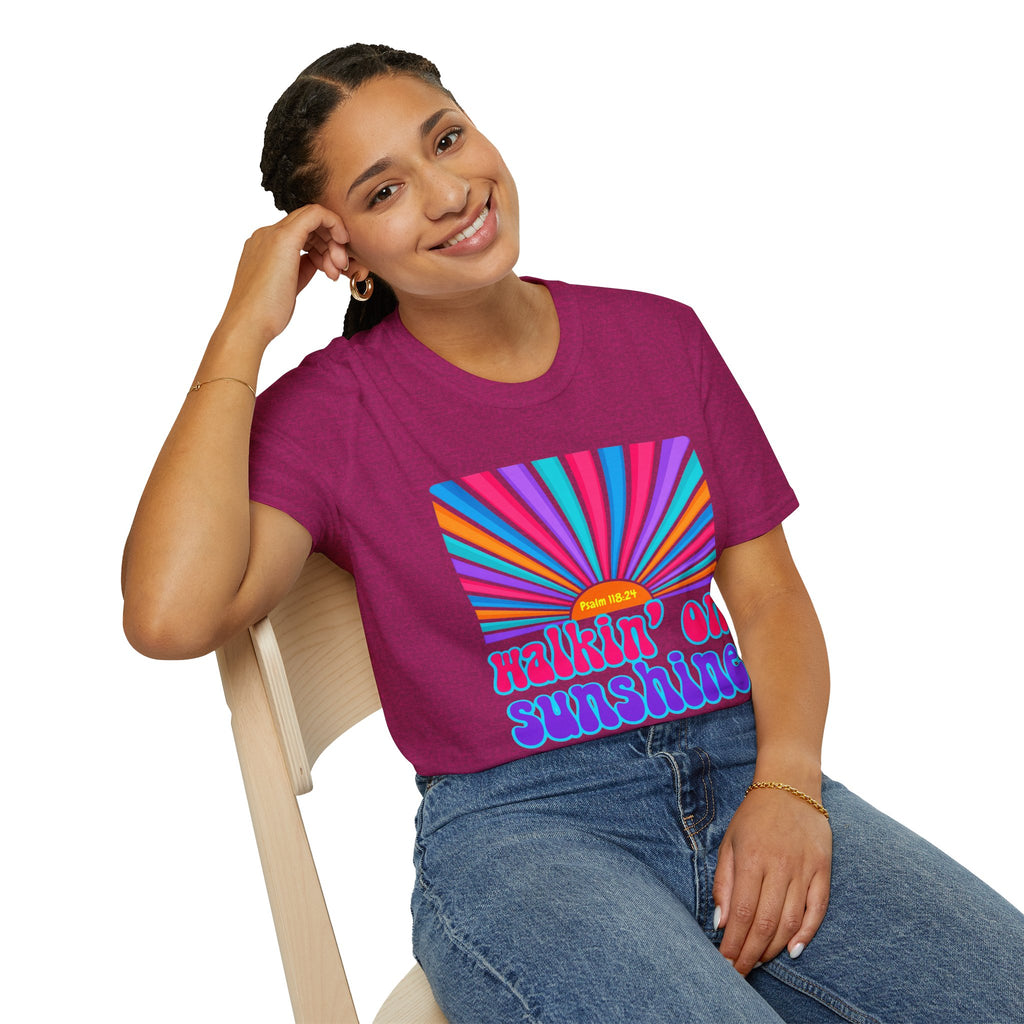 Walkin' On Sunshine Lords Glory with Lori Psalm 118:24 Retro T-Shirt — 70s Rainbow Sun Graphic Tee