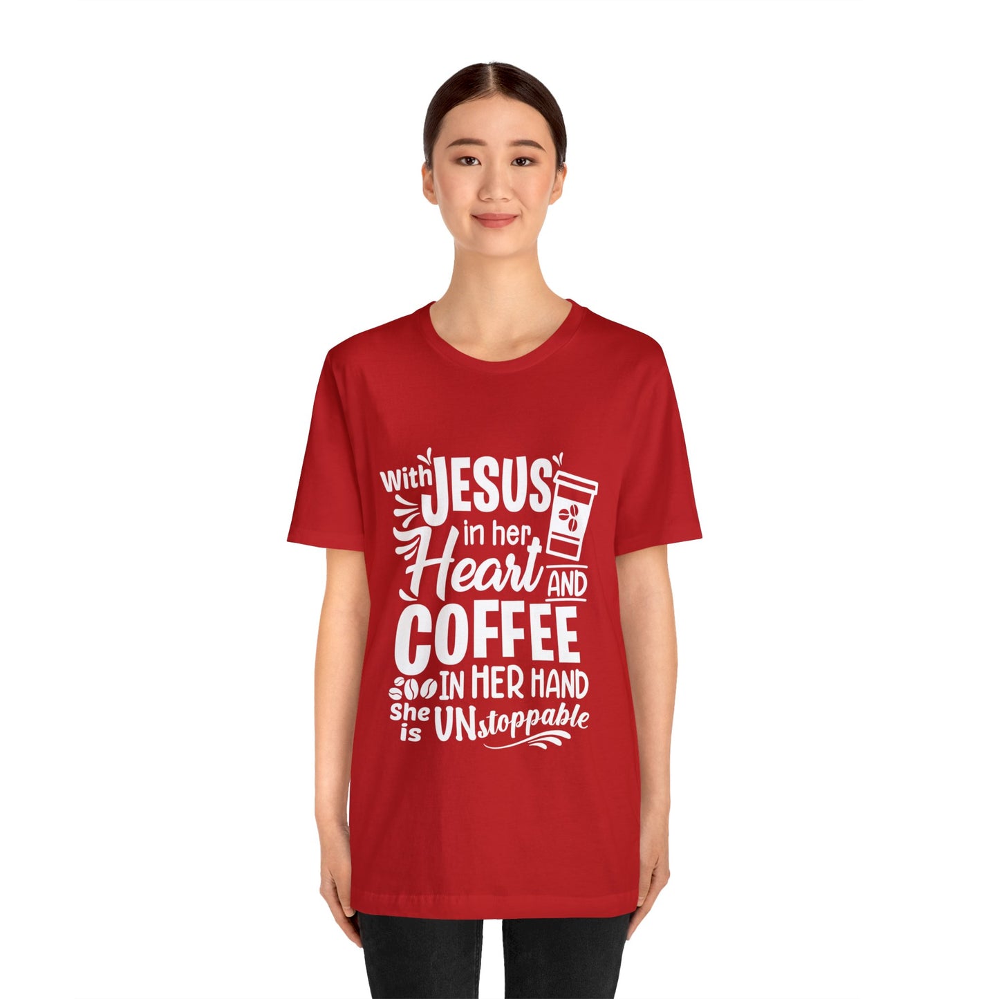 JESUS in Her Heart and Coffee - Woman's Jersey Short Sleeve Tee