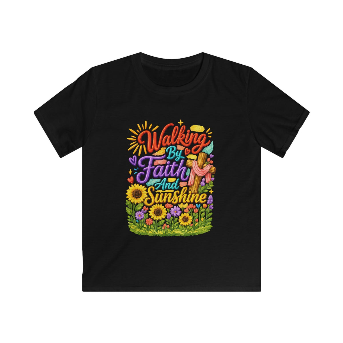 Kids T‑Shirt – "Walking by Faith and Sunshine" Colorful Floral Tee