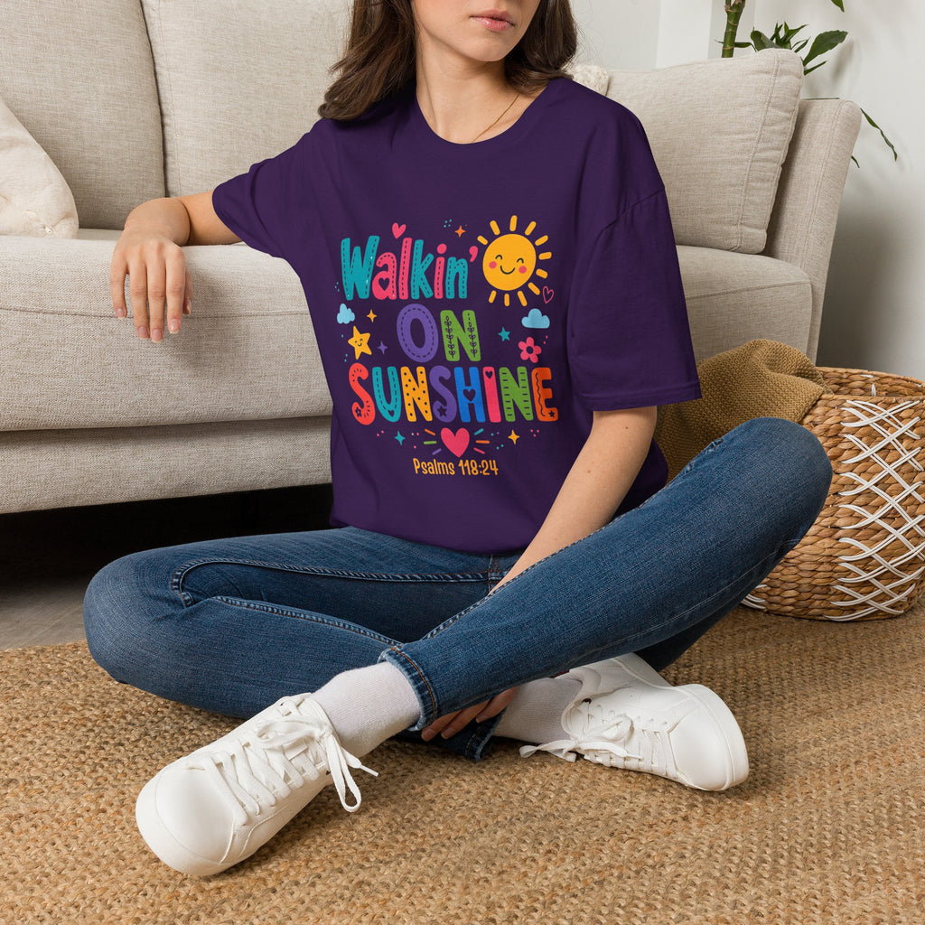 T-Shirt — "Walkin' on Sunshine" Bright Retro Sun Graphic Tee ‭‭Psalms‬ ‭118‬:‭24‬ ‭