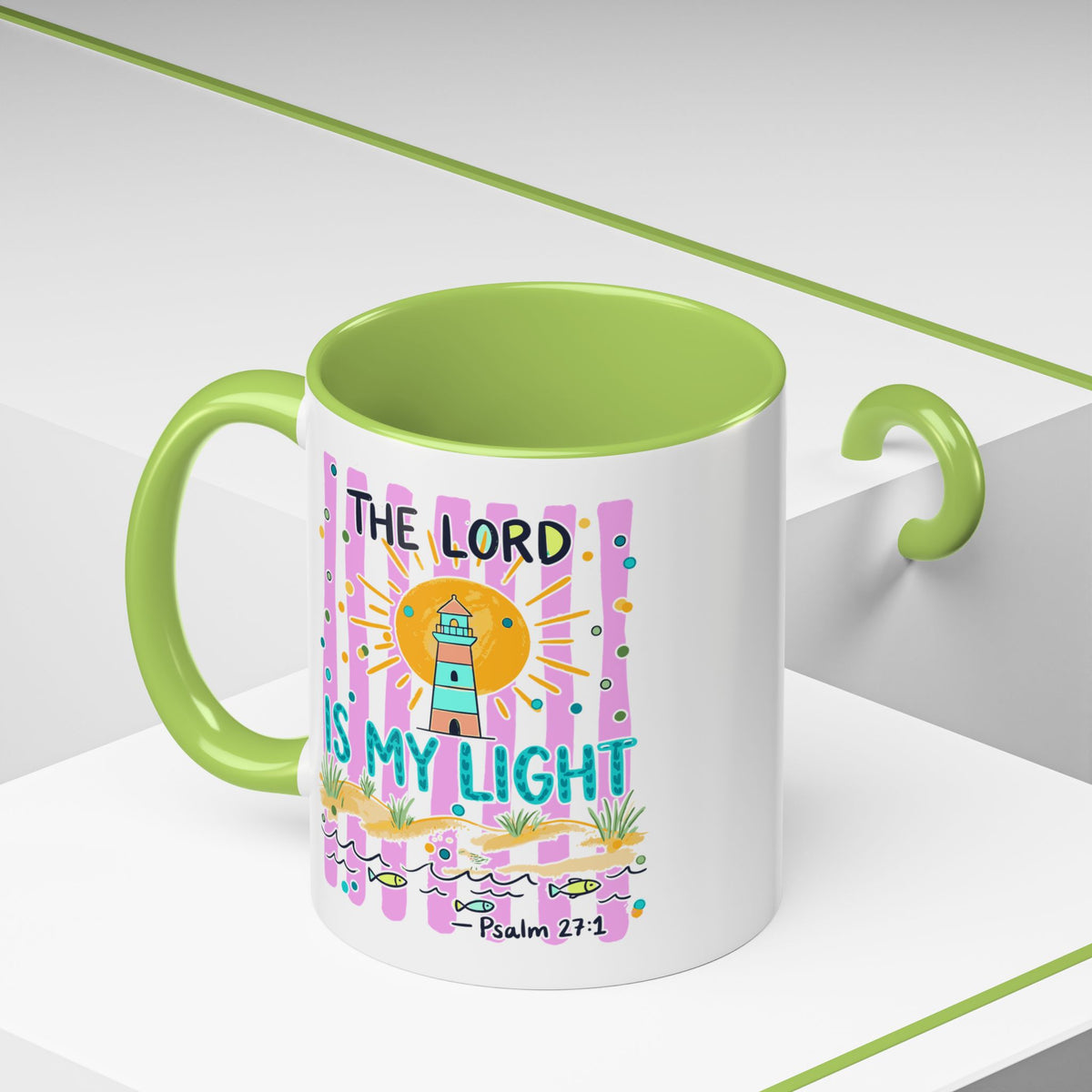 Christian Coffee Mug - "The Lord Is My Light" Lighthouse Psalm 27:1 Accent Mug