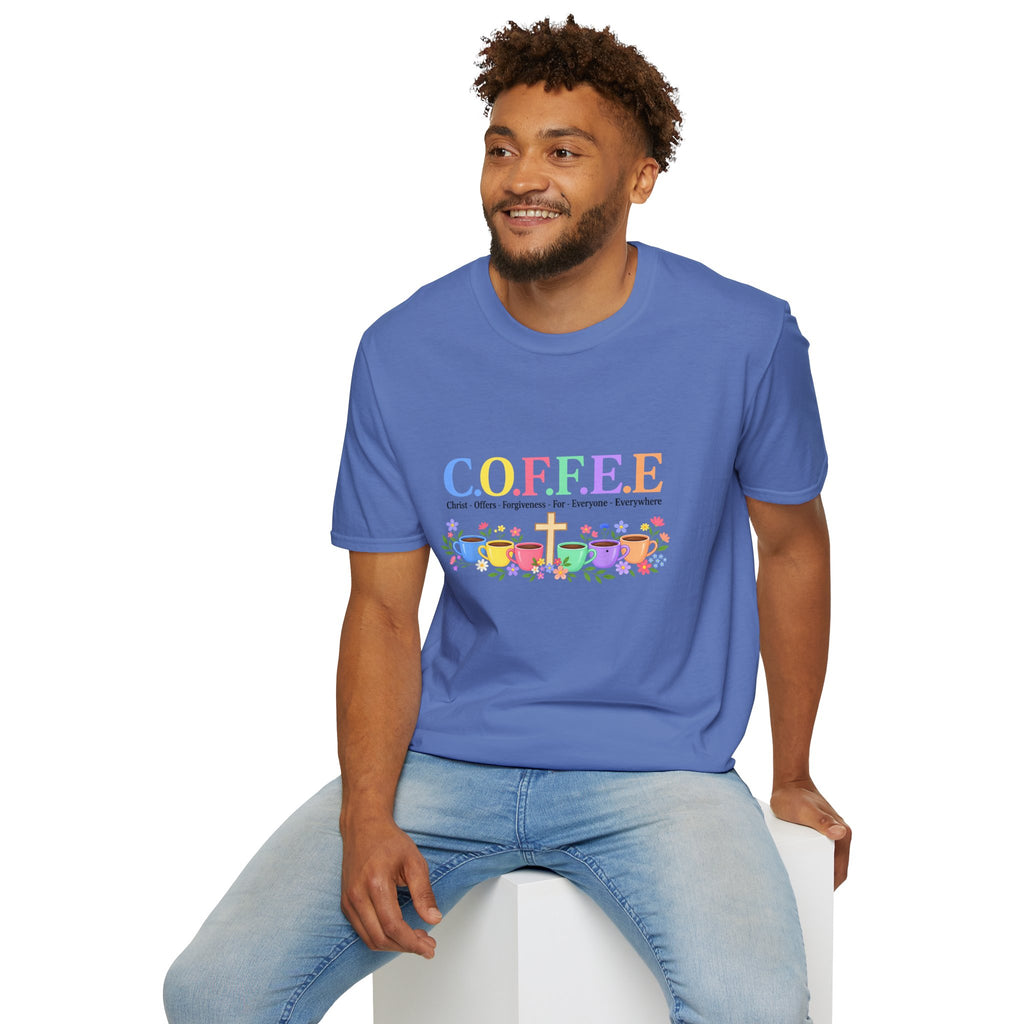 Coffee Lover Floral Graphic - C.o.f.f.e.e. (Christ - Offers - Forgiveness - For Everyone - Everywhere)  Softstyle T-Shirt