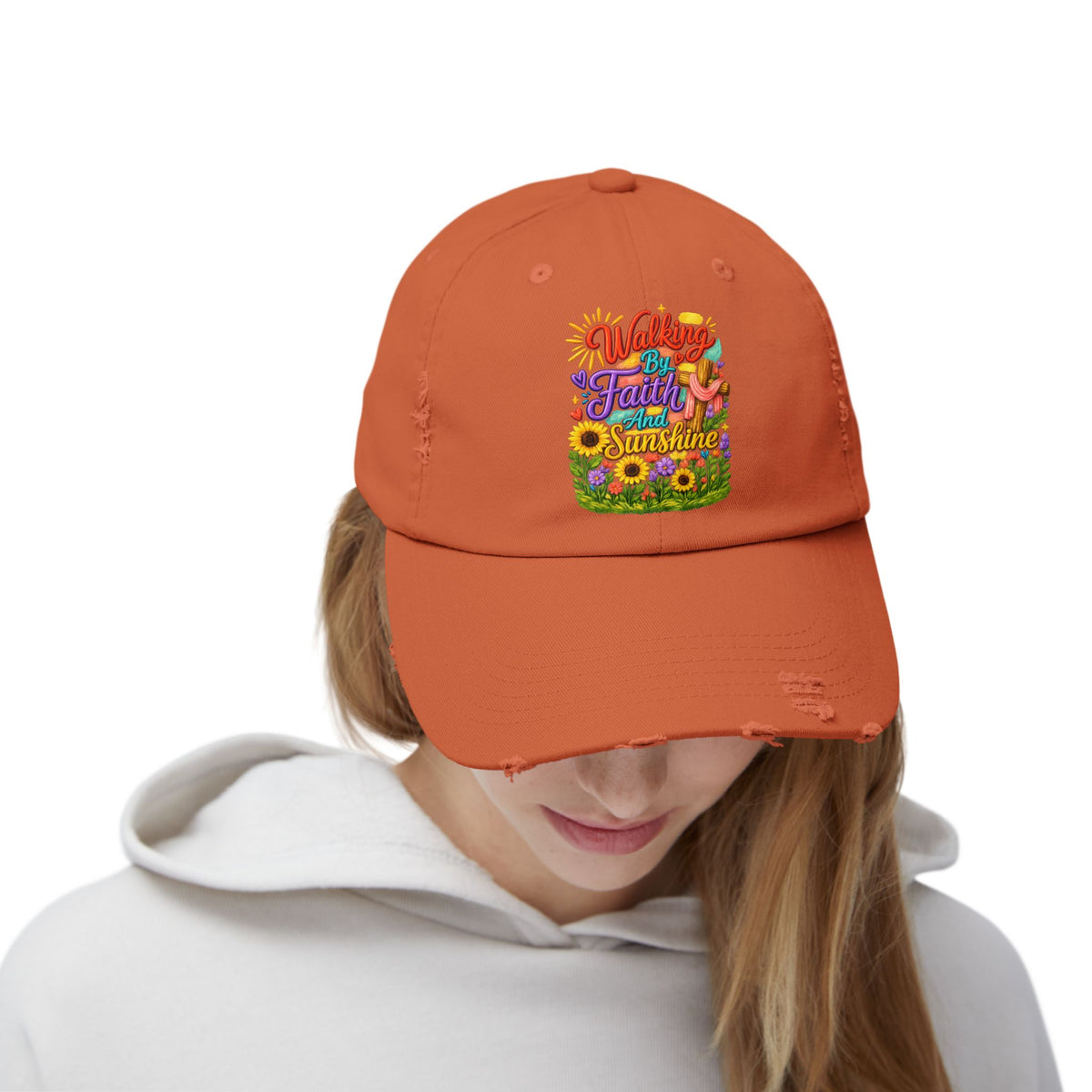 Walking by Faith and Sunshine Distressed Baseball Cap