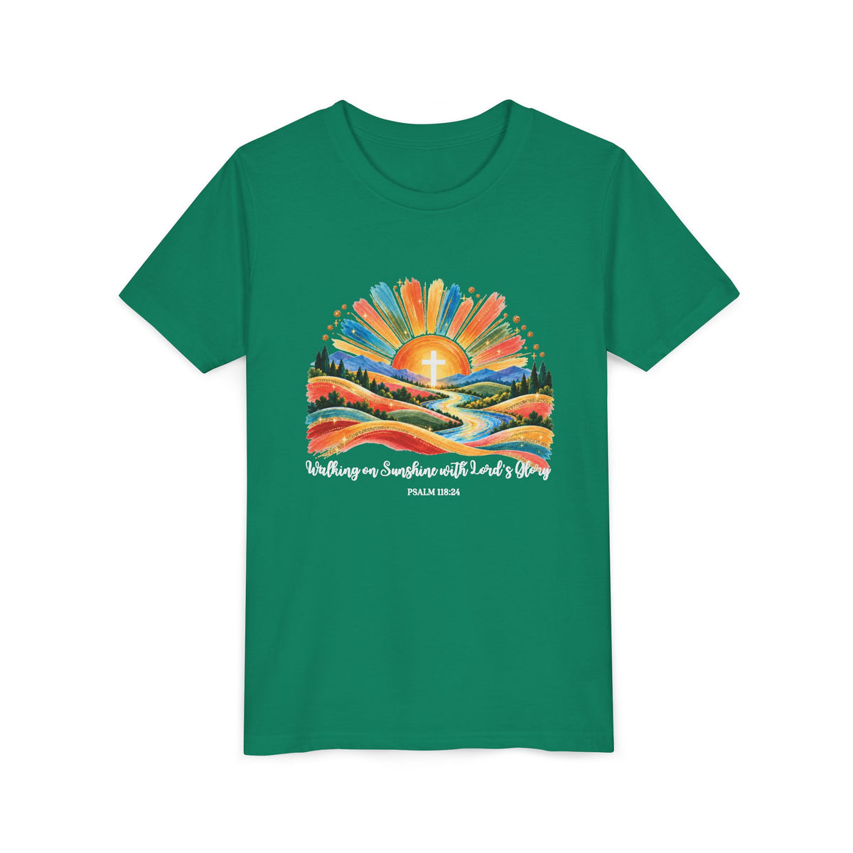 Youth Short Sleeve Tee – Walking On Sunshine with Lords Colorful Christian Sunrise Faith Shirt