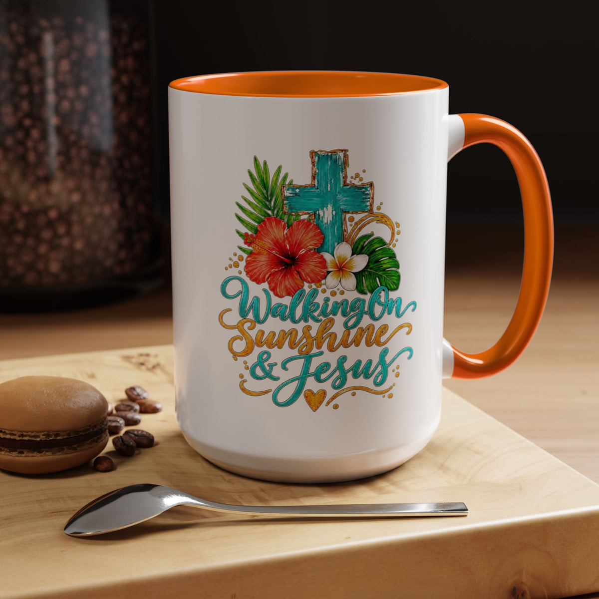 Walking on Sunshine & Jesus Coffee Mug – Floral Cross Accent Mug